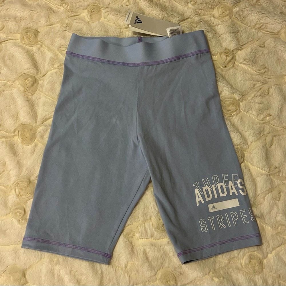 NWT ADIDAS 7” Sky Blue Bike Biker Shorts with Purple Trim PERFECT CONDITION